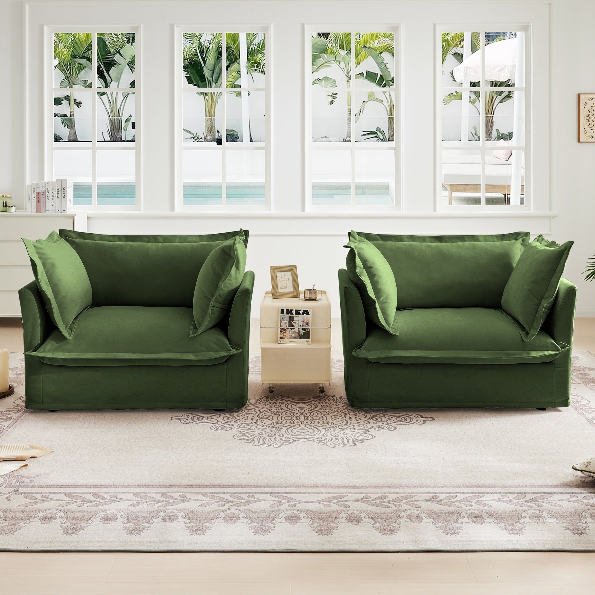 Set of 2 Slipcovered Armchairs,Deep Seat Accent Chair Set for Living Room, Reading Room, Bedroom and Working Spaces,Armchair Sets with Large Soft Pillows,Chenille Fabric,Green