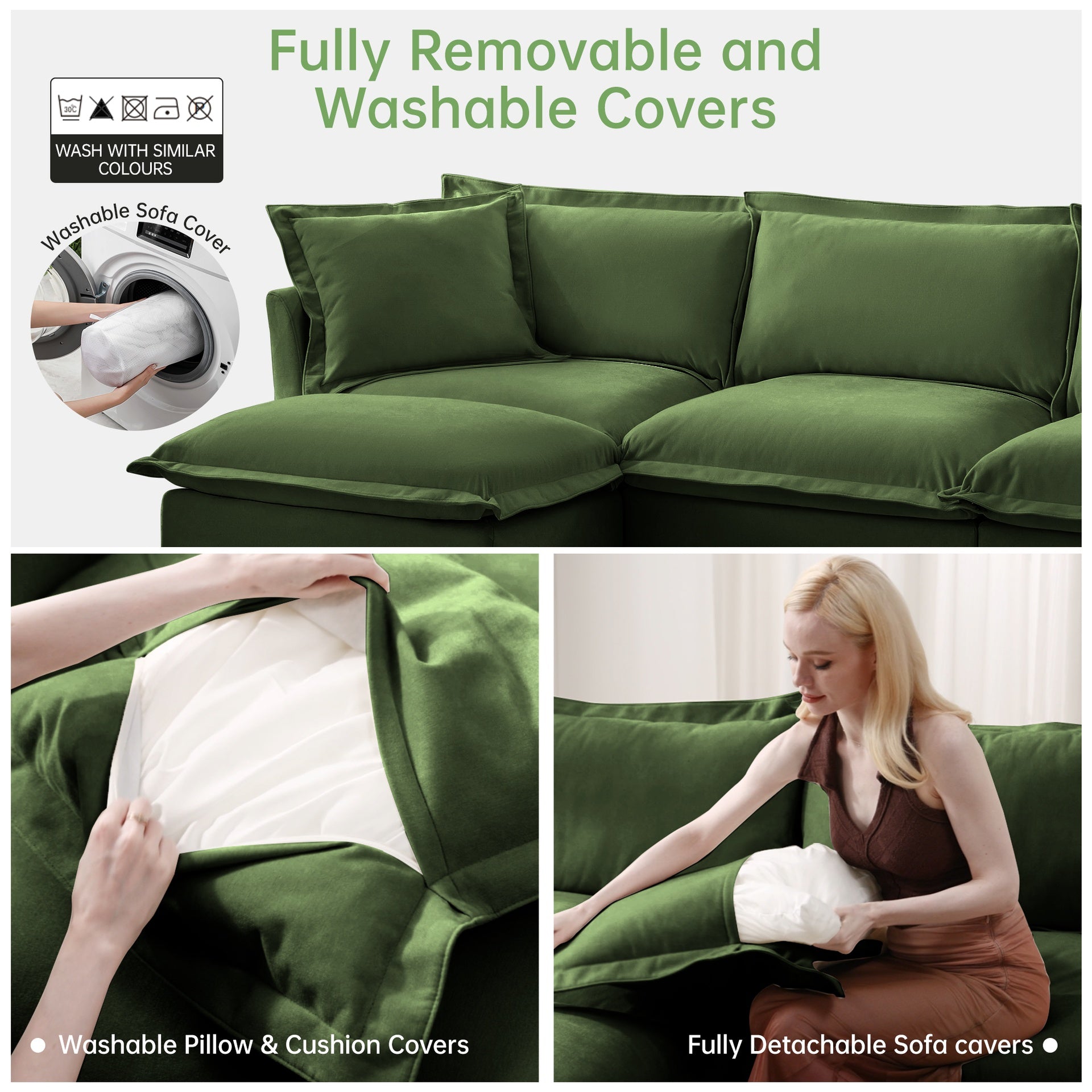 Set of 2 Slipcovered Armchairs,Deep Seat Accent Chair Set for Living Room, Reading Room, Bedroom and Working Spaces,Armchair Sets with Large Soft Pillows,Chenille Fabric,Green