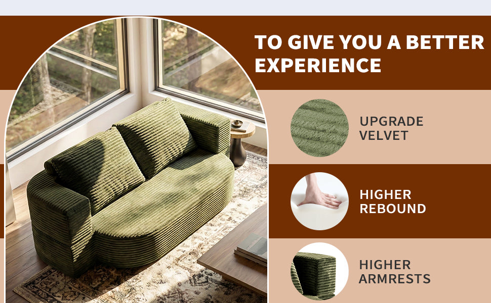 78.7" Full Size Floor Sofa, Folding Queen Sleeper Couch, Futon Loveseat Sofa, Plush Corduroy Foam-Filled Sleeper Couch Bed, Fold Mattress Bed for Living Room, Guest Use, Office, Apartment,green