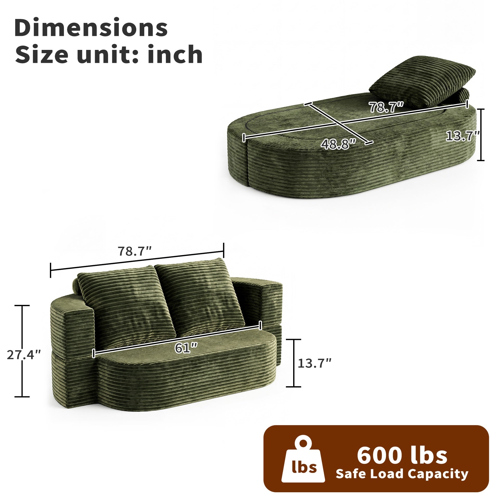78.7" Full Size Floor Sofa, Folding Queen Sleeper Couch, Futon Loveseat Sofa, Plush Corduroy Foam-Filled Sleeper Couch Bed, Fold Mattress Bed for Living Room, Guest Use, Office, Apartment,green