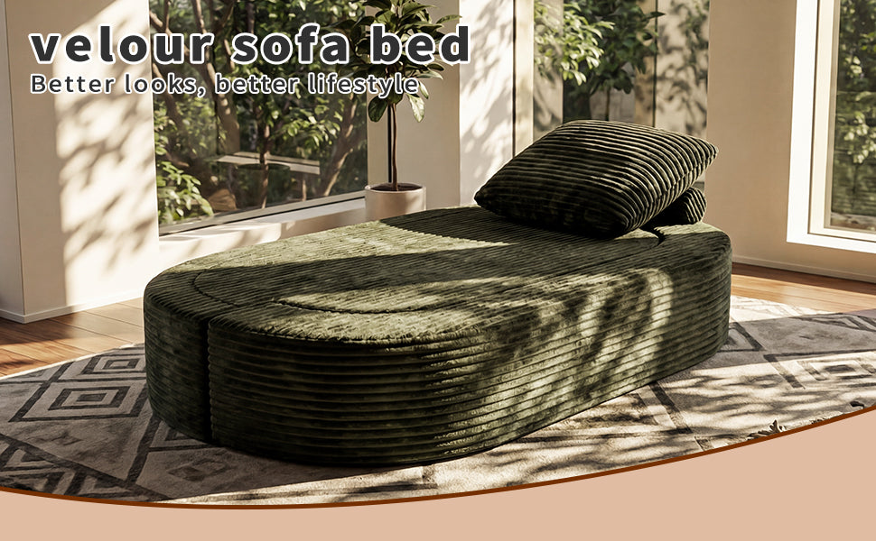 78.7" Full Size Floor Sofa, Folding Queen Sleeper Couch, Futon Loveseat Sofa, Plush Corduroy Foam-Filled Sleeper Couch Bed, Fold Mattress Bed for Living Room, Guest Use, Office, Apartment,green