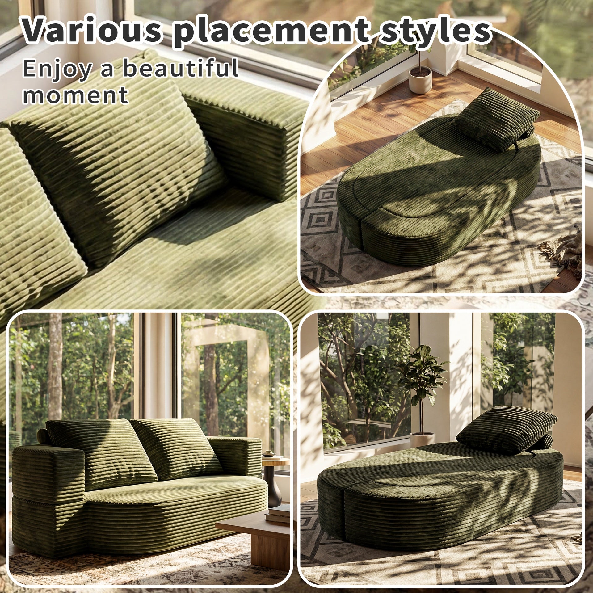 78.7" Full Size Floor Sofa, Folding Queen Sleeper Couch, Futon Loveseat Sofa, Plush Corduroy Foam-Filled Sleeper Couch Bed, Fold Mattress Bed for Living Room, Guest Use, Office, Apartment,green