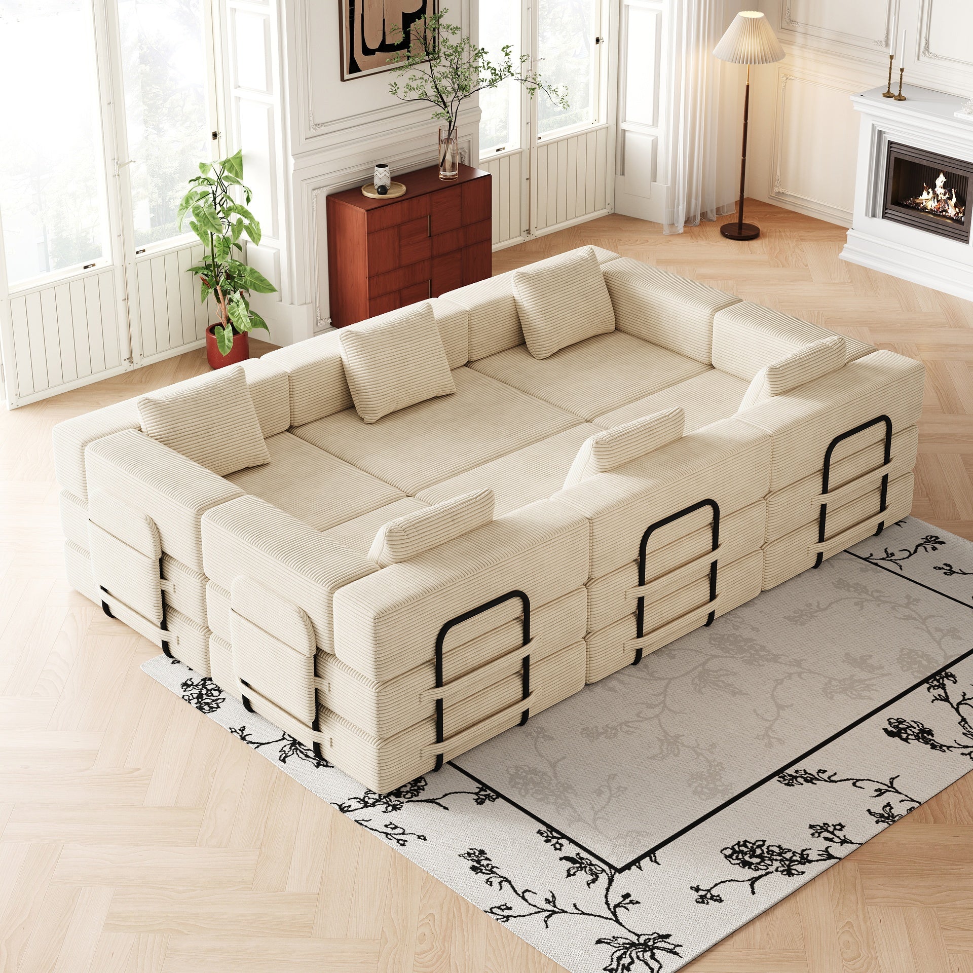 6 seater folding sofa bed, corduroy fabric sofa with side storage pockets and cushions, comfortable folding sofa bed for living room, bedroom and study, carpeted sofa.