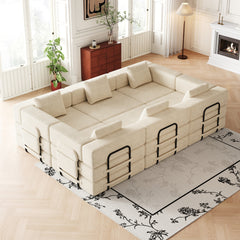6 seater folding sofa bed, corduroy fabric sofa with side storage pockets and cushions, comfortable folding sofa bed for living room, bedroom and study, carpeted sofa.