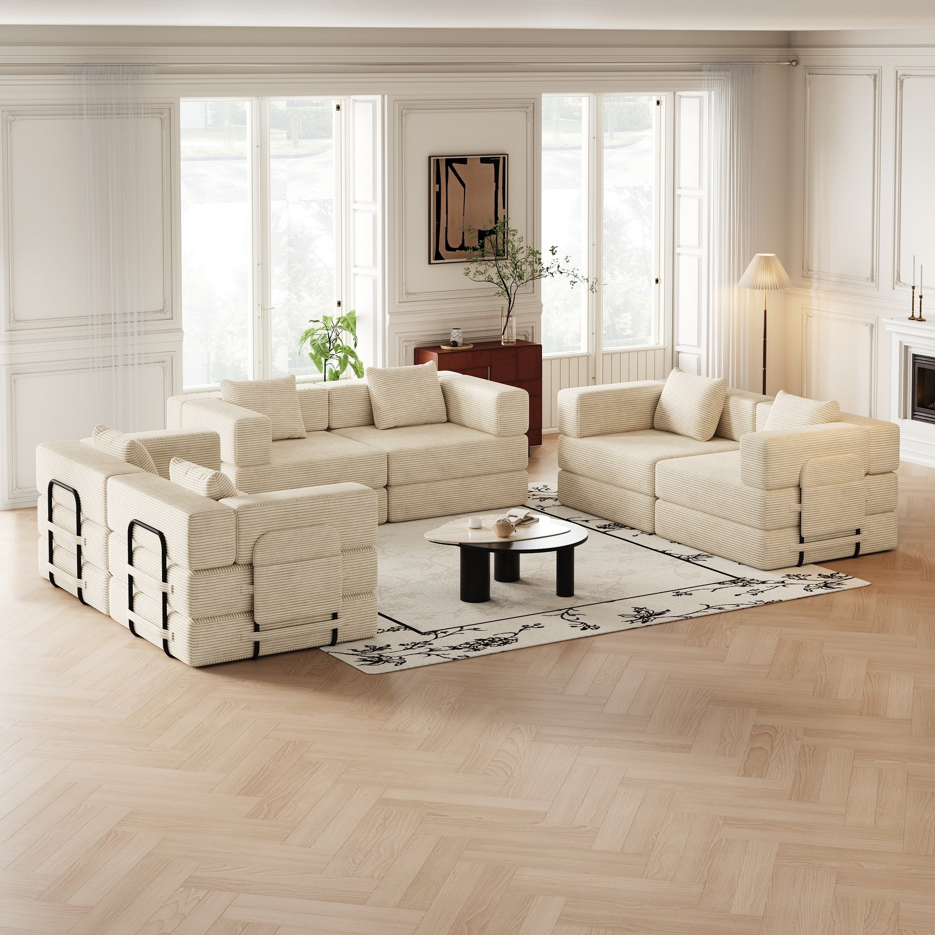 6 seater folding sofa bed, corduroy fabric sofa with side storage pockets and cushions, comfortable folding sofa bed for living room, bedroom and study, carpeted sofa.