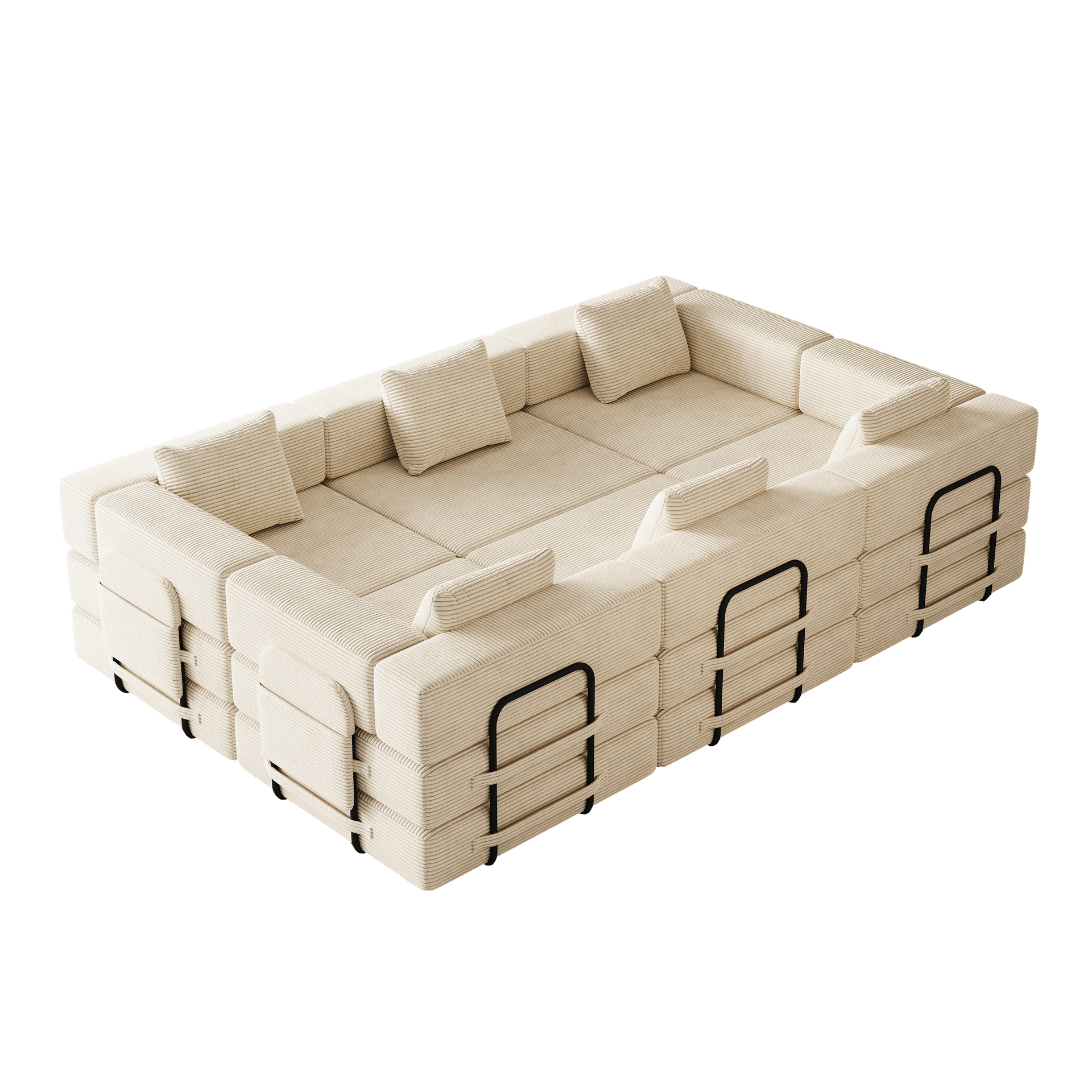 6 seater folding sofa bed, corduroy fabric sofa with side storage pockets and cushions, comfortable folding sofa bed for living room, bedroom and study, carpeted sofa.