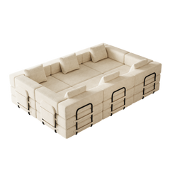 6 seater folding sofa bed, corduroy fabric sofa with side storage pockets and cushions, comfortable folding sofa bed for living room, bedroom and study, carpeted sofa.