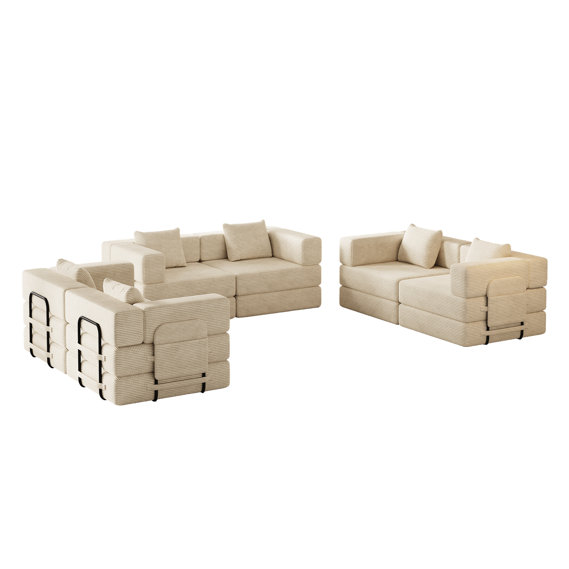 6 seater folding sofa bed, corduroy fabric sofa with side storage pockets and cushions, comfortable folding sofa bed for living room, bedroom and study, carpeted sofa.