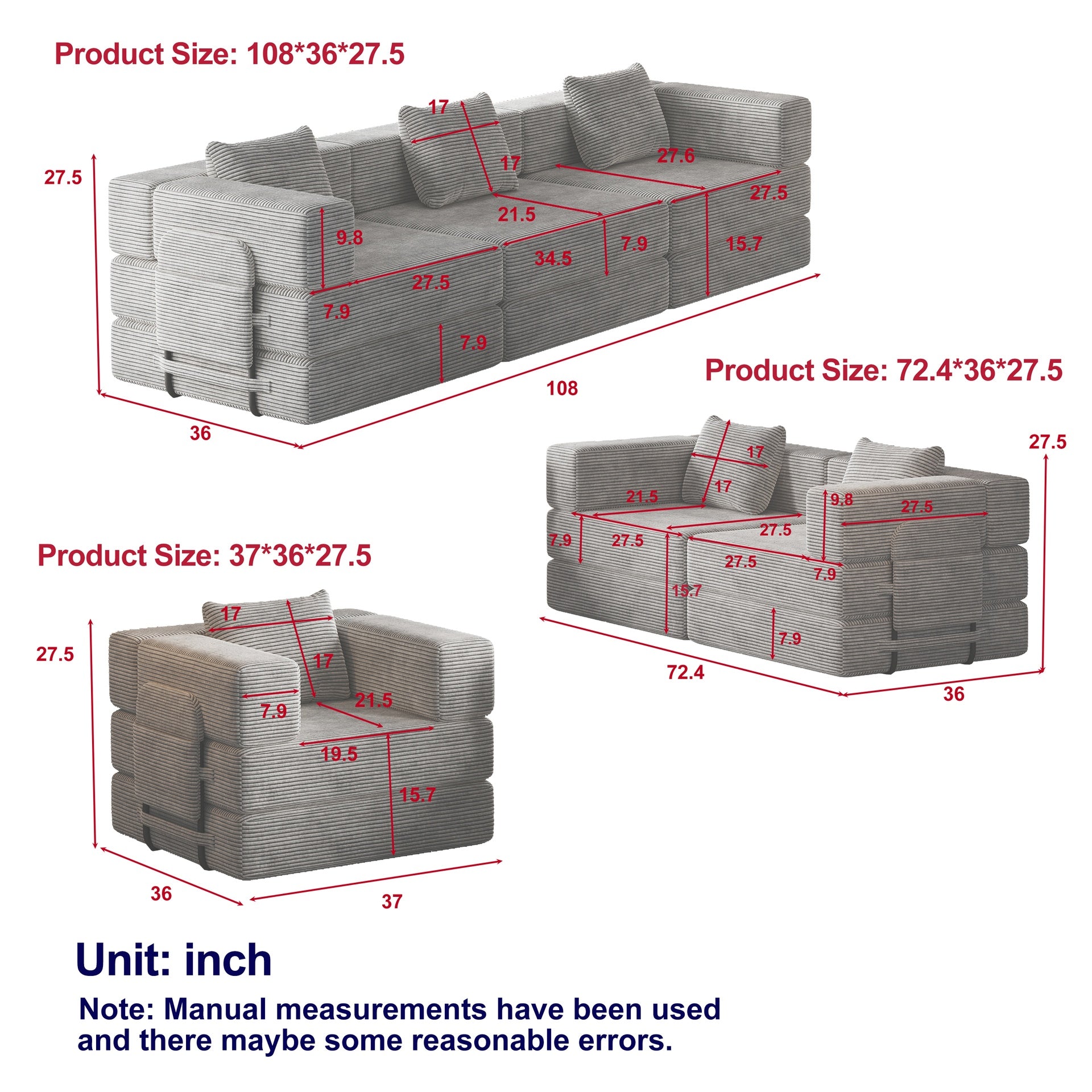 6 seater folding sofa bed, corduroy fabric sofa with side storage pockets and cushions, comfortable folding sofa bed for living room, bedroom and study, carpeted sofa.