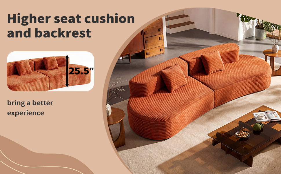 108.6-inch curved combination sofa with a modern cloud pattern design, made without a frame using compression technology, comes with two pillows and is ideal for living rooms or offices.