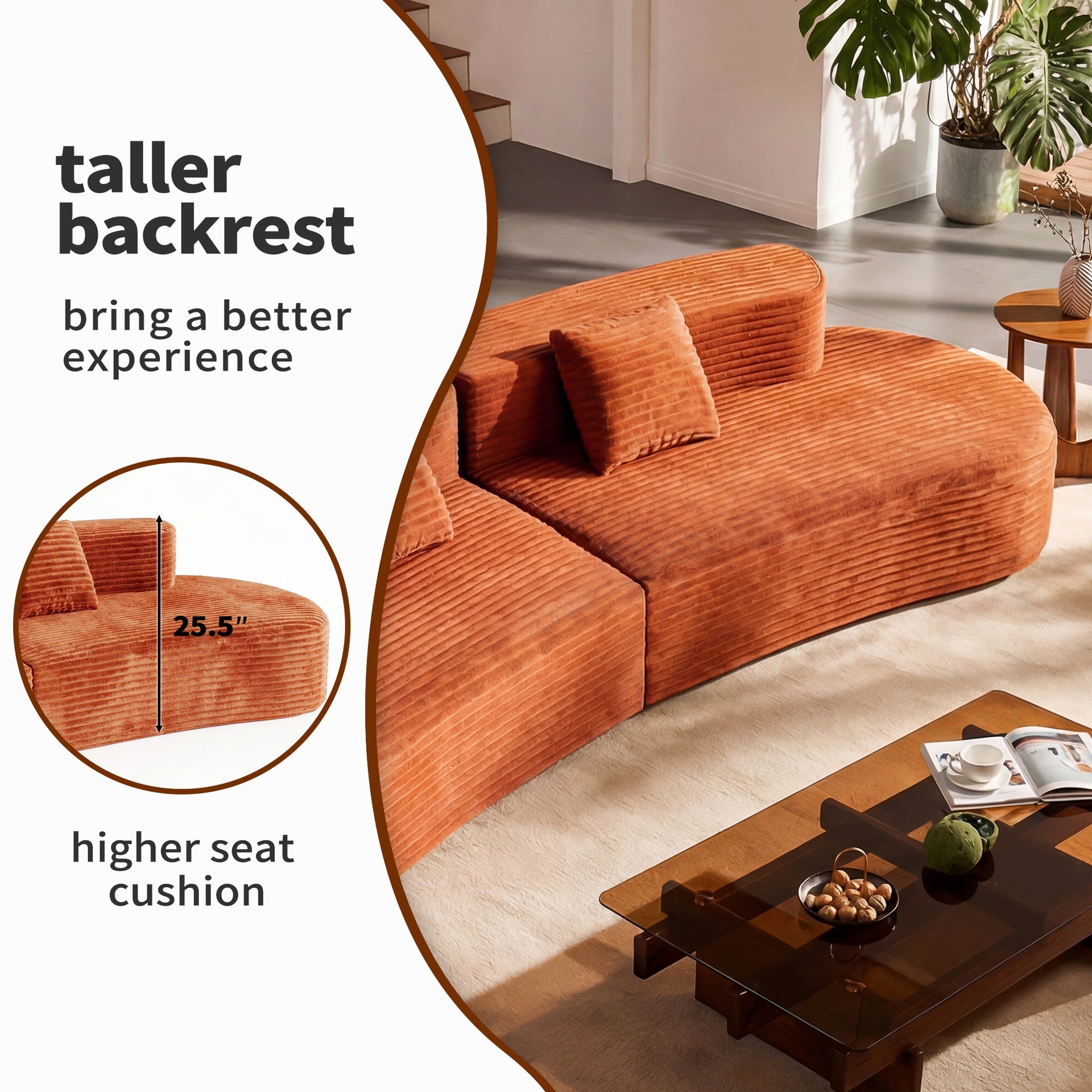 108.6-inch curved combination sofa with a modern cloud pattern design, made without a frame using compression technology, comes with two pillows and is ideal for living rooms or offices.
