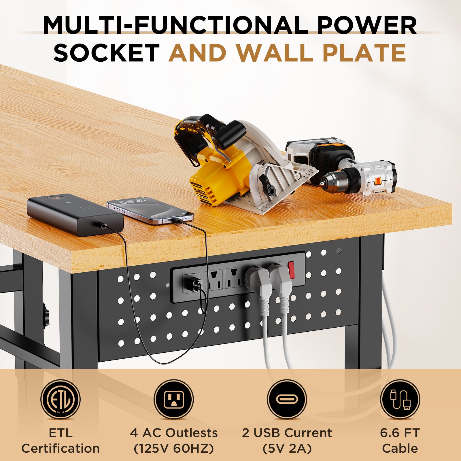96" Adjustable Workbench with Side Pegboard, Solid Wood Top, 2000 lbs Capacity, Adjustable Height Garage Work Table with Power Outlet, Storage Box, Wheels or Leveling Feet