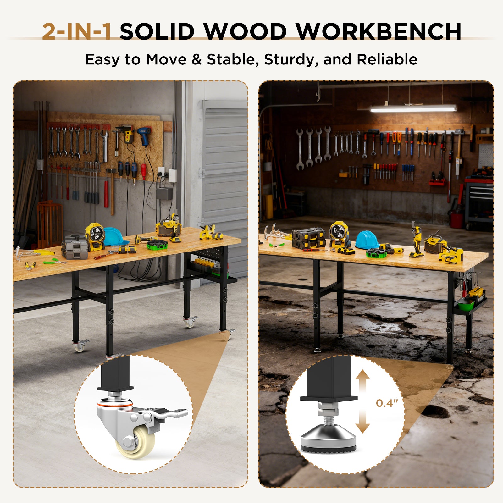 96" Adjustable Workbench with Side Pegboard, Solid Wood Top, 2000 lbs Capacity, Adjustable Height Garage Work Table with Power Outlet, Storage Box, Wheels or Leveling Feet