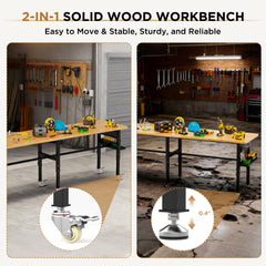 96" Adjustable Workbench with Side Pegboard, Solid Wood Top, 2000 lbs Capacity, Adjustable Height Garage Work Table with Power Outlet, Storage Box, Wheels or Leveling Feet