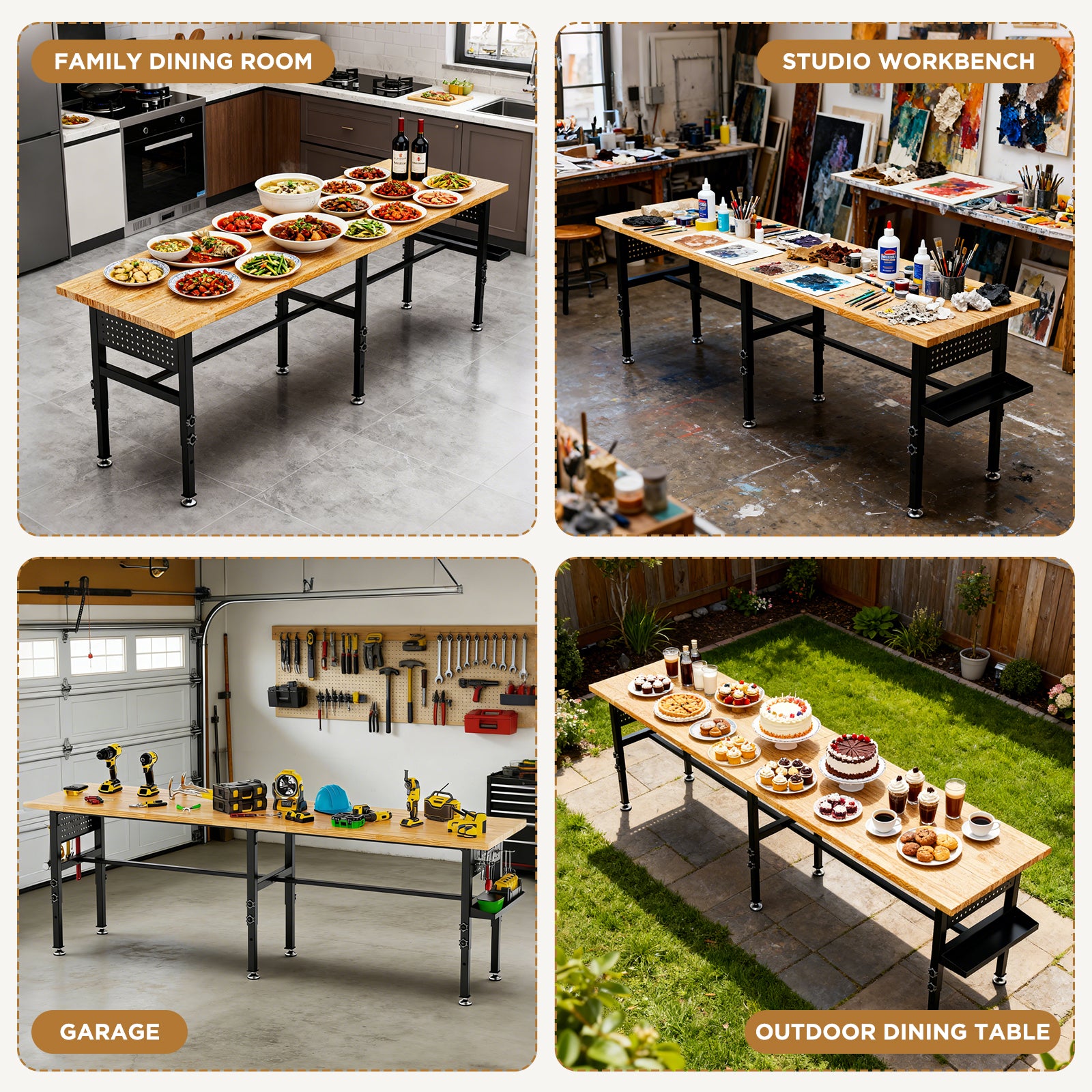 96" Adjustable Workbench with Side Pegboard, Solid Wood Top, 2000 lbs Capacity, Adjustable Height Garage Work Table with Power Outlet, Storage Box, Wheels or Leveling Feet