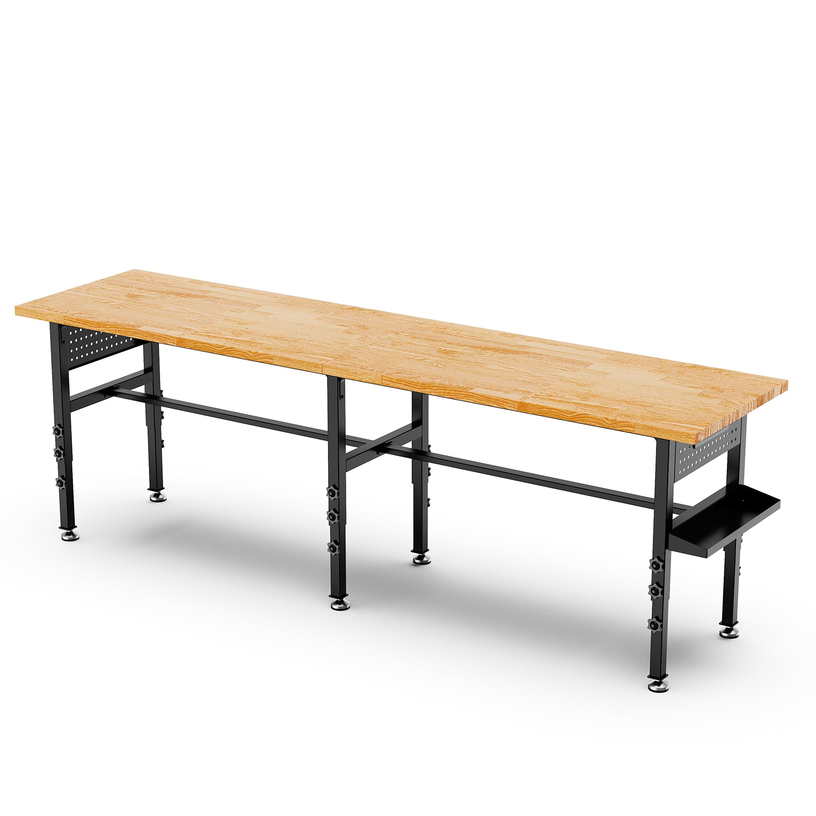 96" Adjustable Workbench with Side Pegboard, Solid Wood Top, 2000 lbs Capacity, Adjustable Height Garage Work Table with Power Outlet, Storage Box, Wheels or Leveling Feet