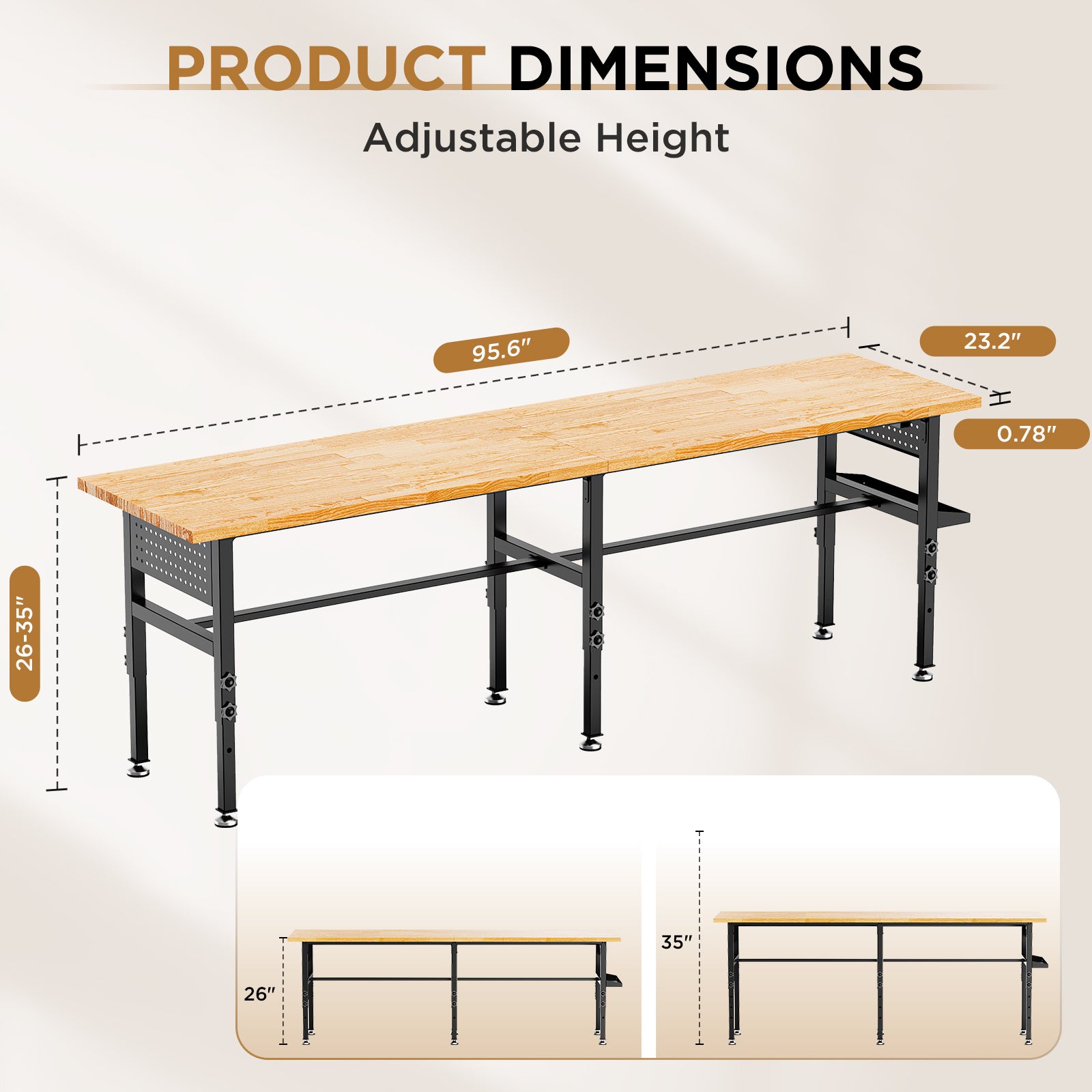 96" Adjustable Workbench with Side Pegboard, Solid Wood Top, 2000 lbs Capacity, Adjustable Height Garage Work Table with Power Outlet, Storage Box, Wheels or Leveling Feet