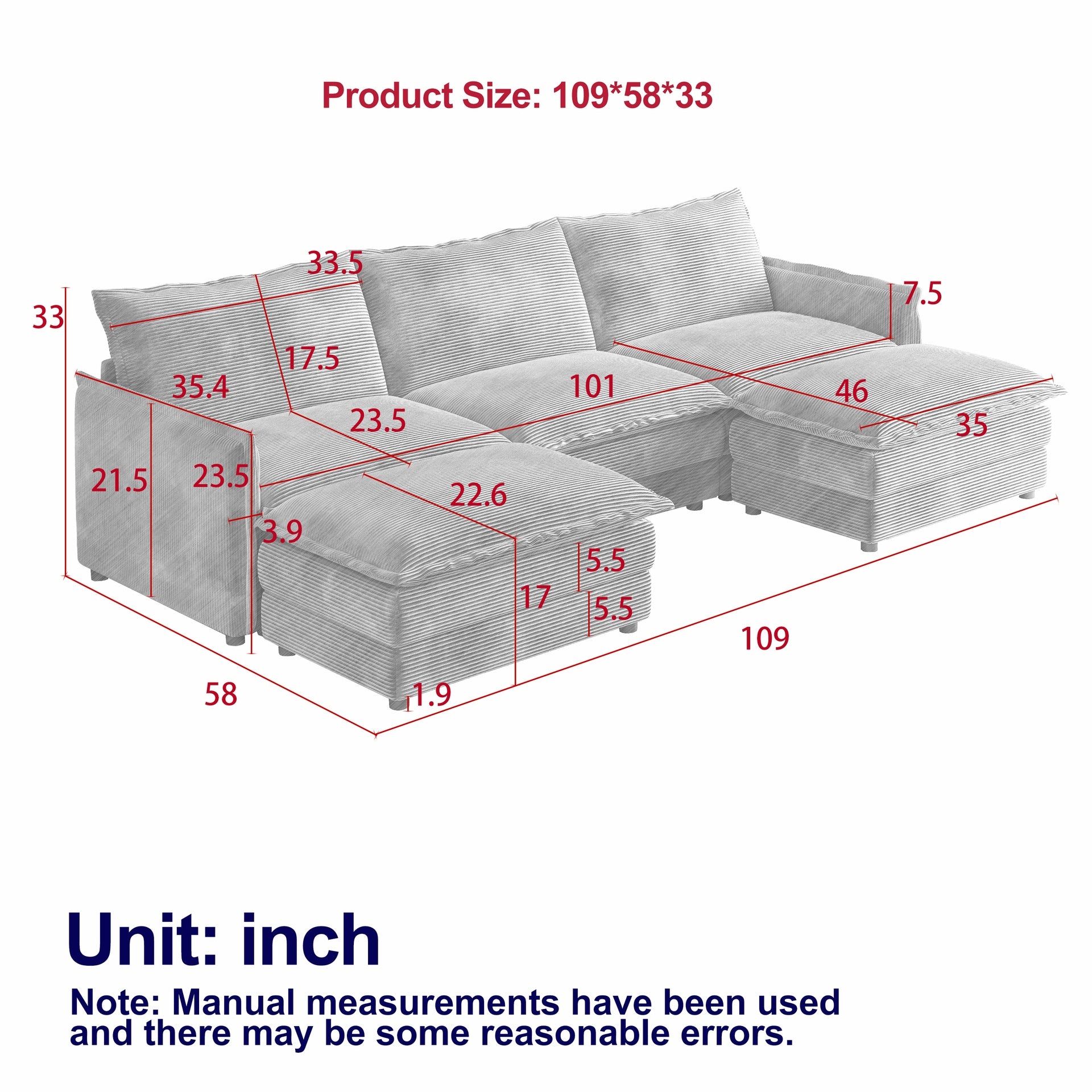 Corduroy Fabric 3-Seater Comfy Cloud Couch with 2 Movable Footrest for Living Room,Oversized Deep Seat U Shaped Couch Set, Upholstered Large Size Deep Seat 2-Seat Sofa with 3 cushions
