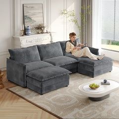 Corduroy Fabric 3-Seater Comfy Cloud Couch with 2 Movable Footrest for Living Room,Oversized Deep Seat U Shaped Couch Set, Upholstered Large Size Deep Seat 2-Seat Sofa with 3 cushions