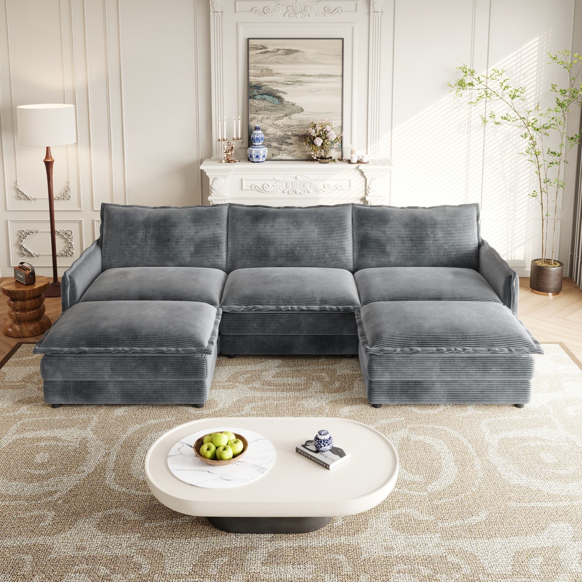 Corduroy Fabric 3-Seater Comfy Cloud Couch with 2 Movable Footrest for Living Room,Oversized Deep Seat U Shaped Couch Set, Upholstered Large Size Deep Seat 2-Seat Sofa with 3 cushions