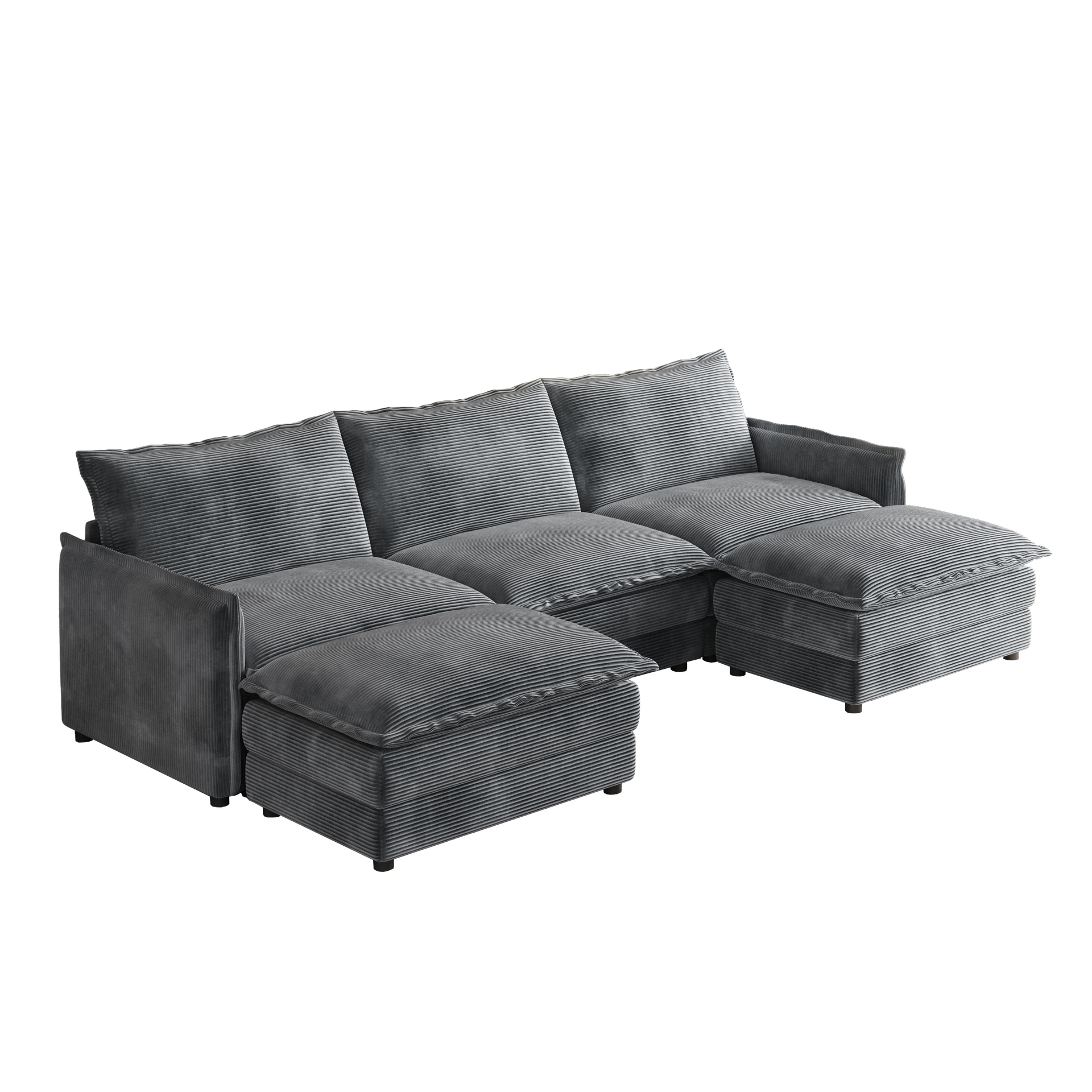 Corduroy Fabric 3-Seater Comfy Cloud Couch with 2 Movable Footrest for Living Room,Oversized Deep Seat U Shaped Couch Set, Upholstered Large Size Deep Seat 2-Seat Sofa with 3 cushions