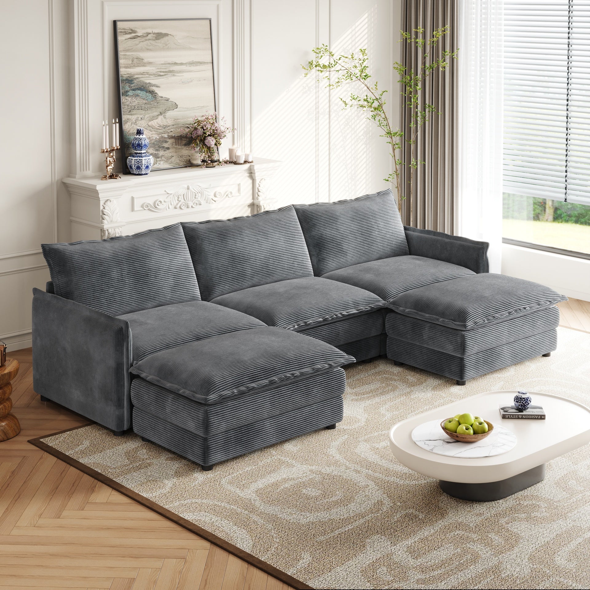 Corduroy Fabric 3-Seater Comfy Cloud Couch with 2 Movable Footrest for Living Room,Oversized Deep Seat U Shaped Couch Set, Upholstered Large Size Deep Seat 2-Seat Sofa with 3 cushions