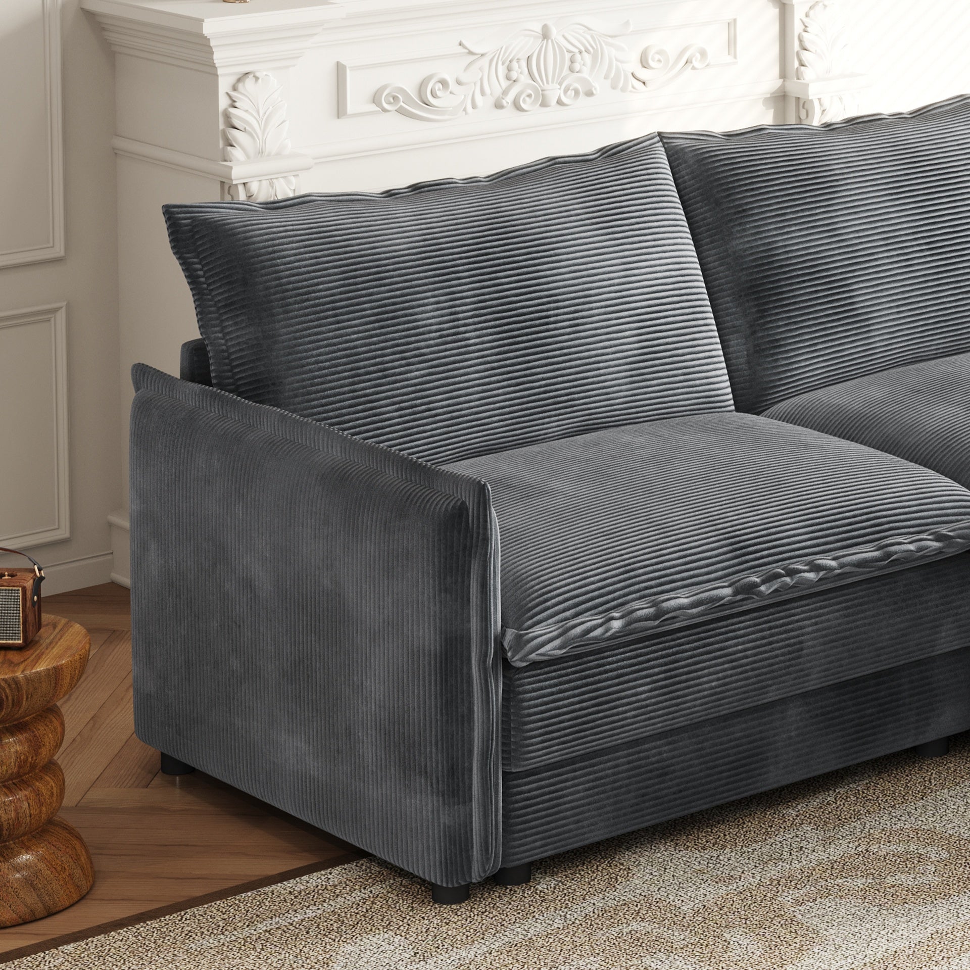 Corduroy Fabric 3-Seater Comfy Cloud Couch with 2 Movable Footrest for Living Room,Oversized Deep Seat U Shaped Couch Set, Upholstered Large Size Deep Seat 2-Seat Sofa with 3 cushions