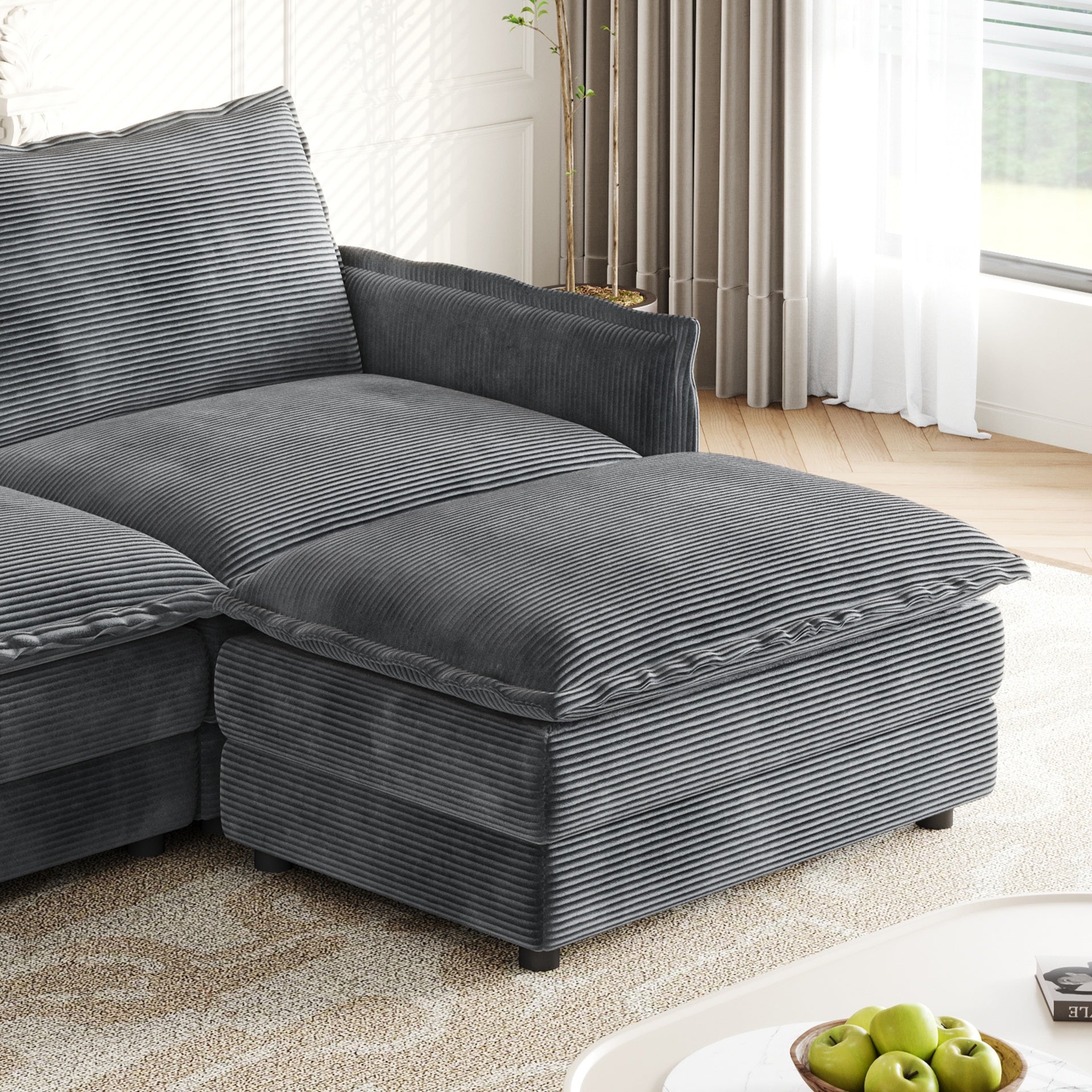 Corduroy Fabric 3-Seater Comfy Cloud Couch with 2 Movable Footrest for Living Room,Oversized Deep Seat U Shaped Couch Set, Upholstered Large Size Deep Seat 2-Seat Sofa with 3 cushions