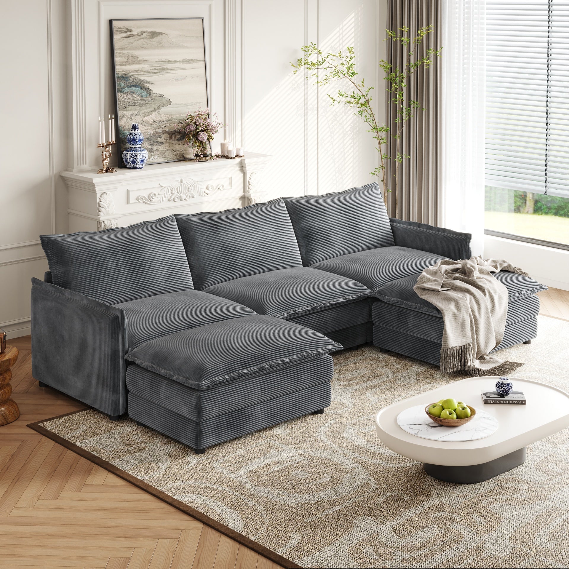 Corduroy Fabric 3-Seater Comfy Cloud Couch with 2 Movable Footrest for Living Room,Oversized Deep Seat U Shaped Couch Set, Upholstered Large Size Deep Seat 2-Seat Sofa with 3 cushions