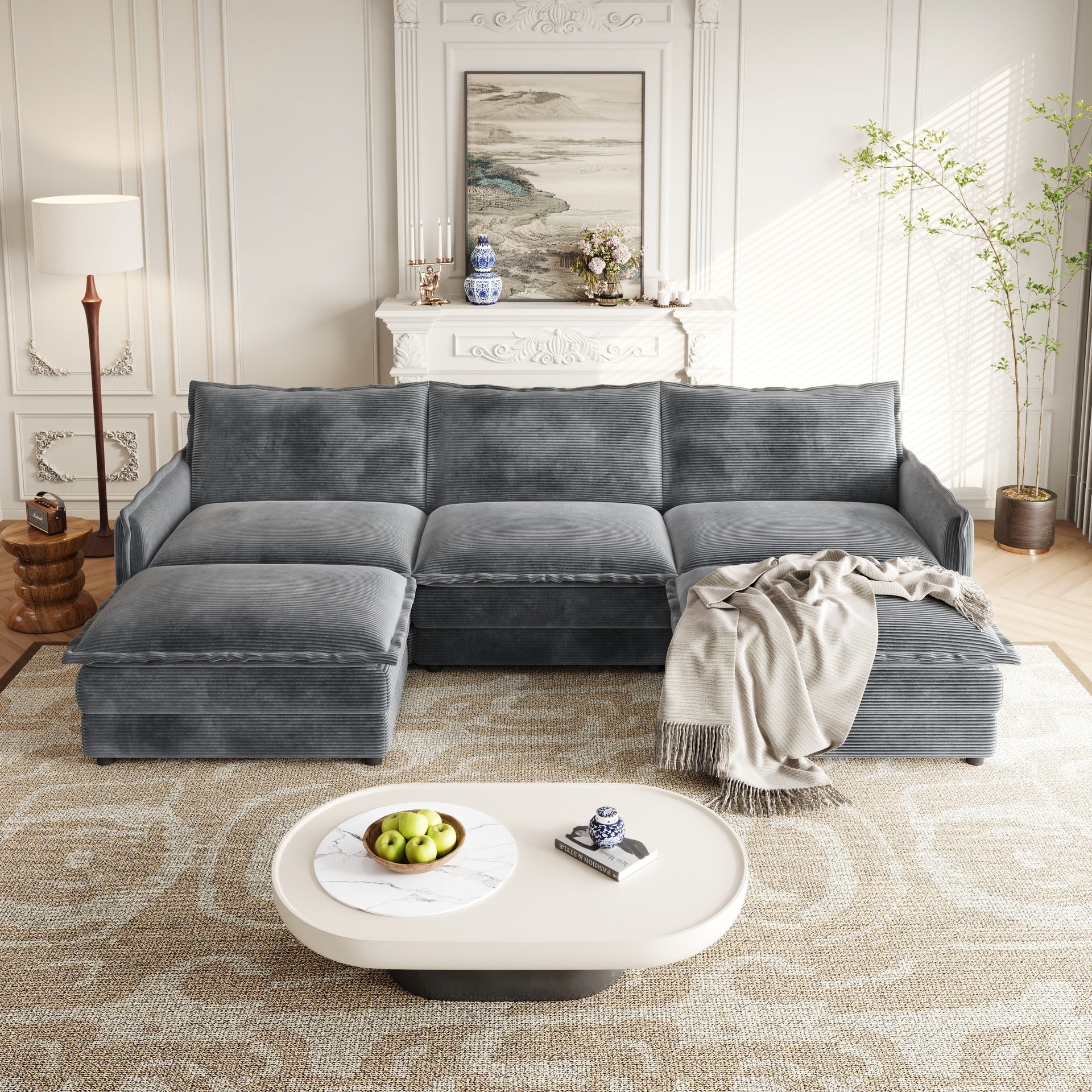 Corduroy Fabric 3-Seater Comfy Cloud Couch with 2 Movable Footrest for Living Room,Oversized Deep Seat U Shaped Couch Set, Upholstered Large Size Deep Seat 2-Seat Sofa with 3 cushions