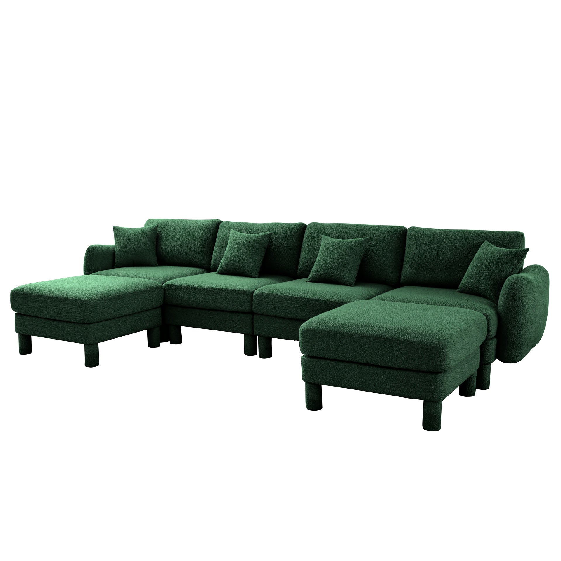 Boucle Fabric U Shape Sectional 4-seater Sofa Couch With Distinctive Shell-shaped Armrests And 2 Movable Ottomans,Cylindrical Legs Wrapped with Self-fabric,Green Color