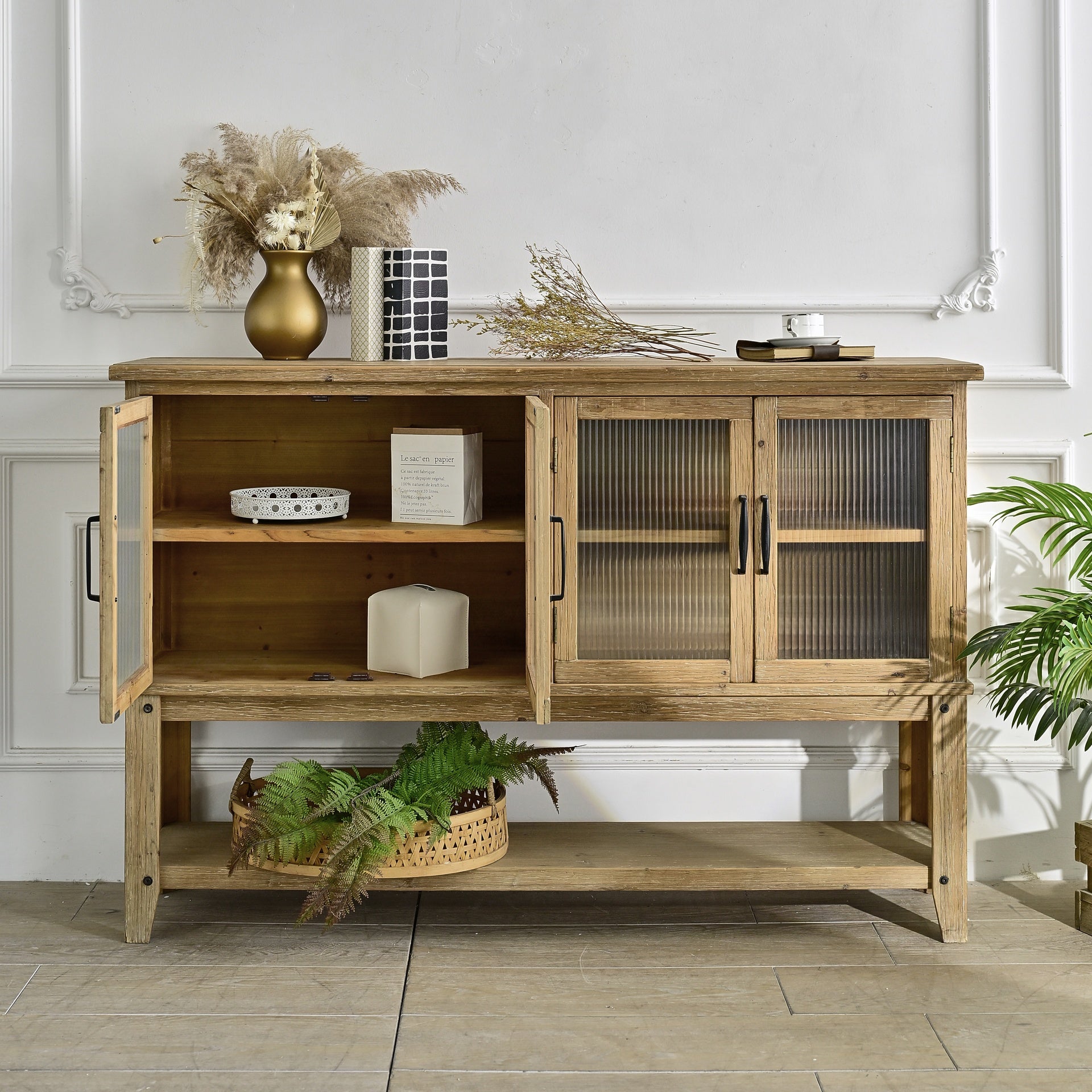 59.06" Rectangle Accent Glass Door Wooden Sideboard Cabinet with Storage Shelf, Easy Assembly Rustic Cabinet for Kitchen, Dining Room, Living Room