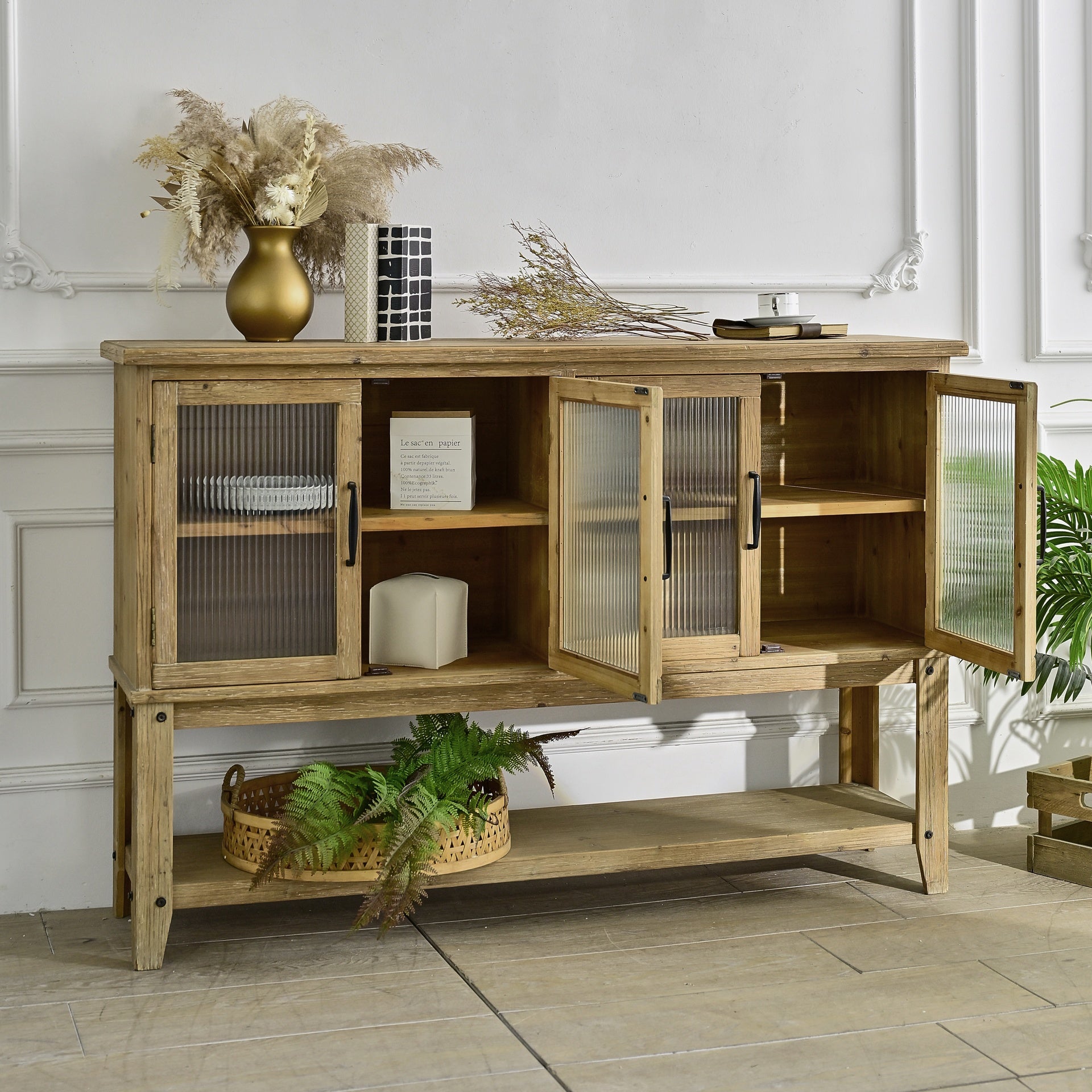 59.06" Rectangle Accent Glass Door Wooden Sideboard Cabinet with Storage Shelf, Easy Assembly Rustic Cabinet for Kitchen, Dining Room, Living Room