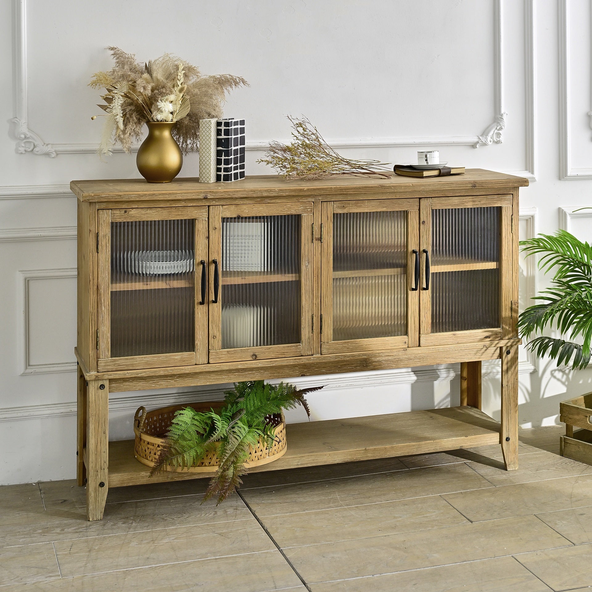 59.06" Rectangle Accent Glass Door Wooden Sideboard Cabinet with Storage Shelf, Easy Assembly Rustic Cabinet for Kitchen, Dining Room, Living Room