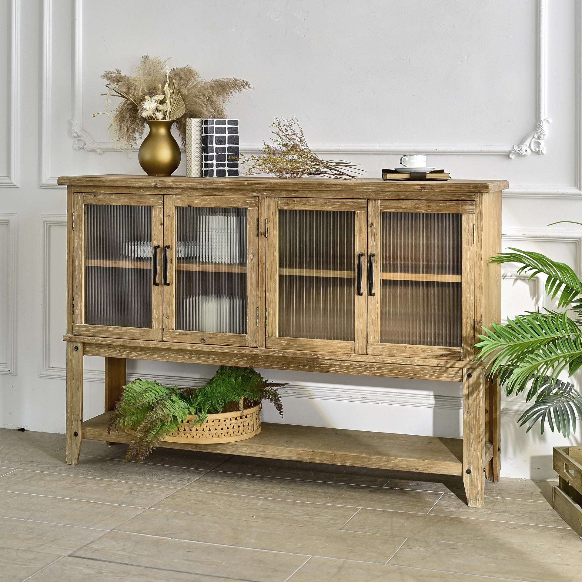 59.06" Rectangle Accent Glass Door Wooden Sideboard Cabinet with Storage Shelf, Easy Assembly Rustic Cabinet for Kitchen, Dining Room, Living Room