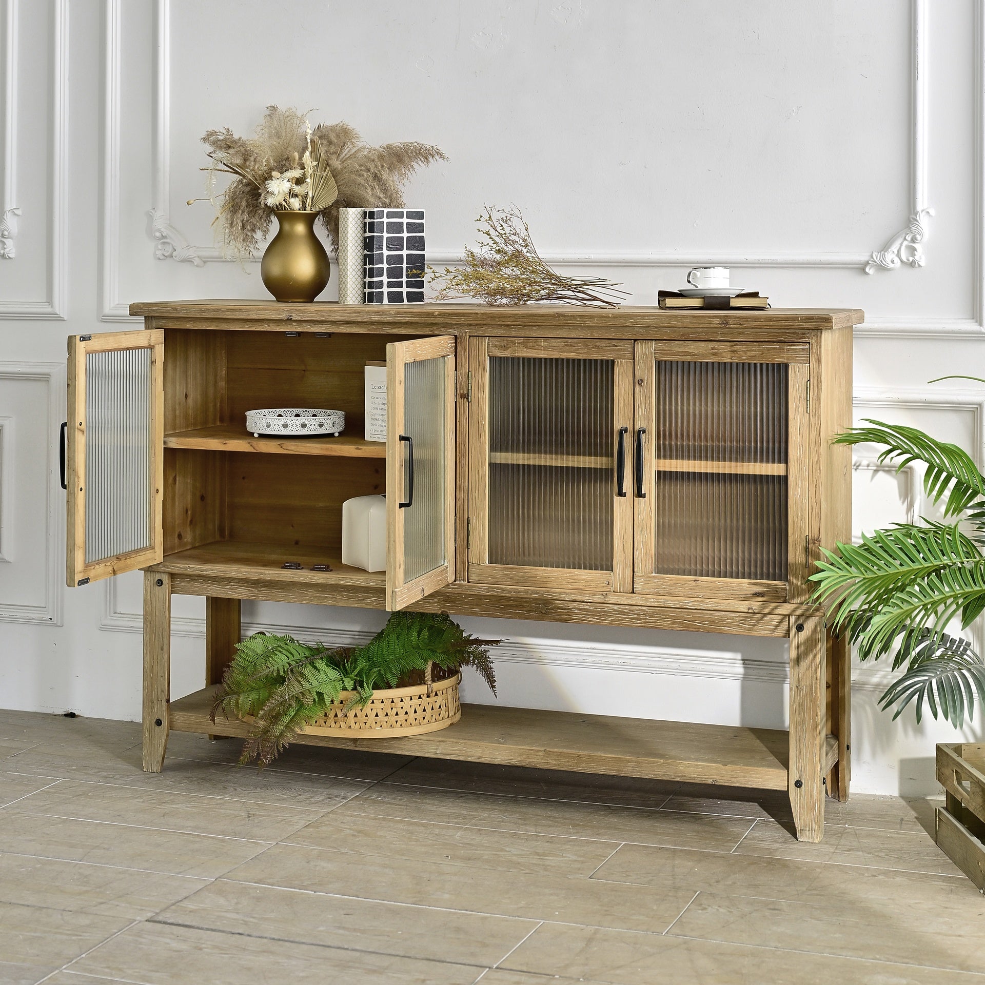 59.06" Rectangle Accent Glass Door Wooden Sideboard Cabinet with Storage Shelf, Easy Assembly Rustic Cabinet for Kitchen, Dining Room, Living Room