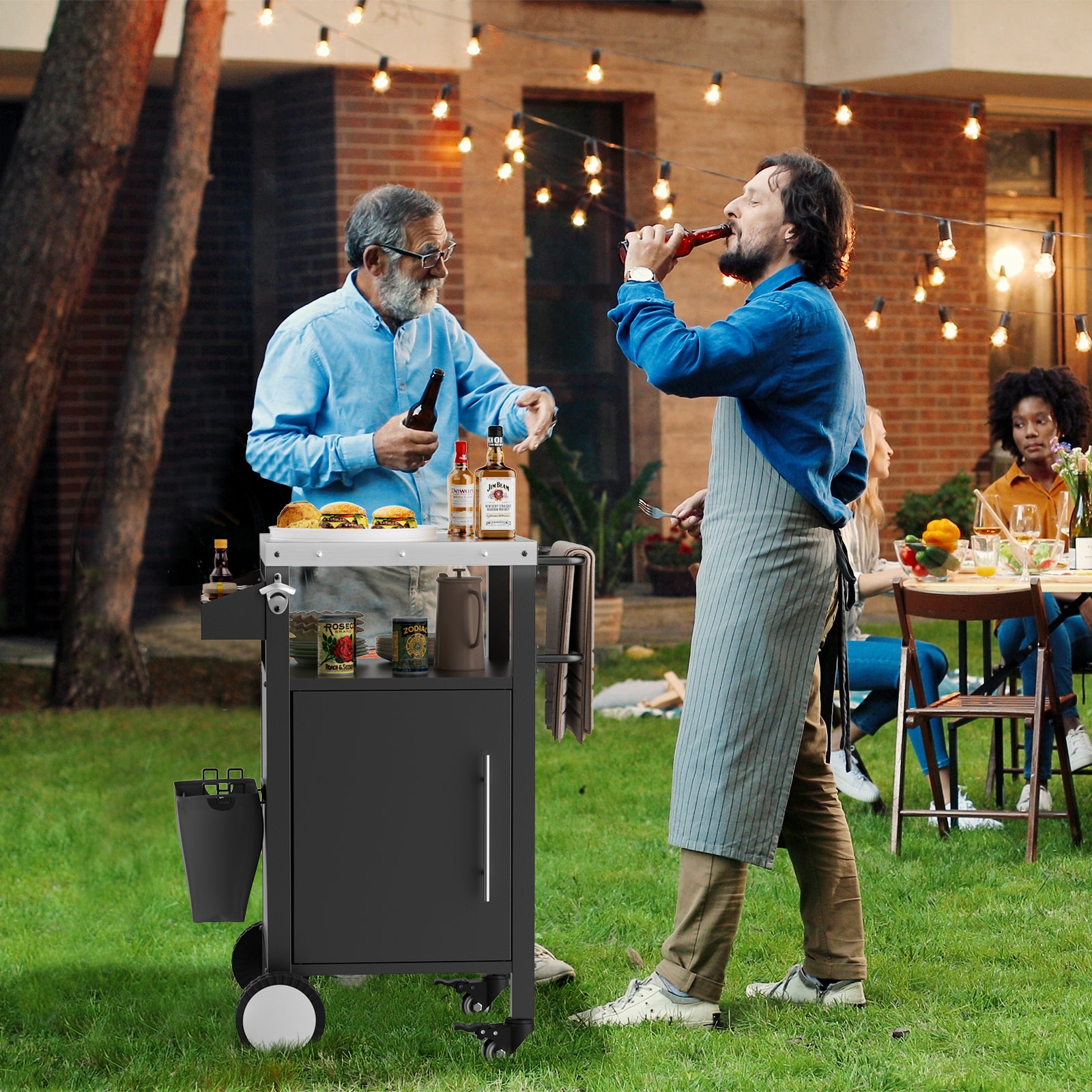 Outdoor Grill Cart with Patio Furniture, Outdoor Grill Table with Storage,Rolling Bar Cart Outdoor BBQ Cart with  Hooks and Spice Rack for Grilling Accessories, Black