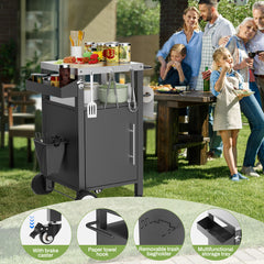 Outdoor Grill Cart with Patio Furniture, Outdoor Grill Table with Storage,Rolling Bar Cart Outdoor BBQ Cart with  Hooks and Spice Rack for Grilling Accessories, Black