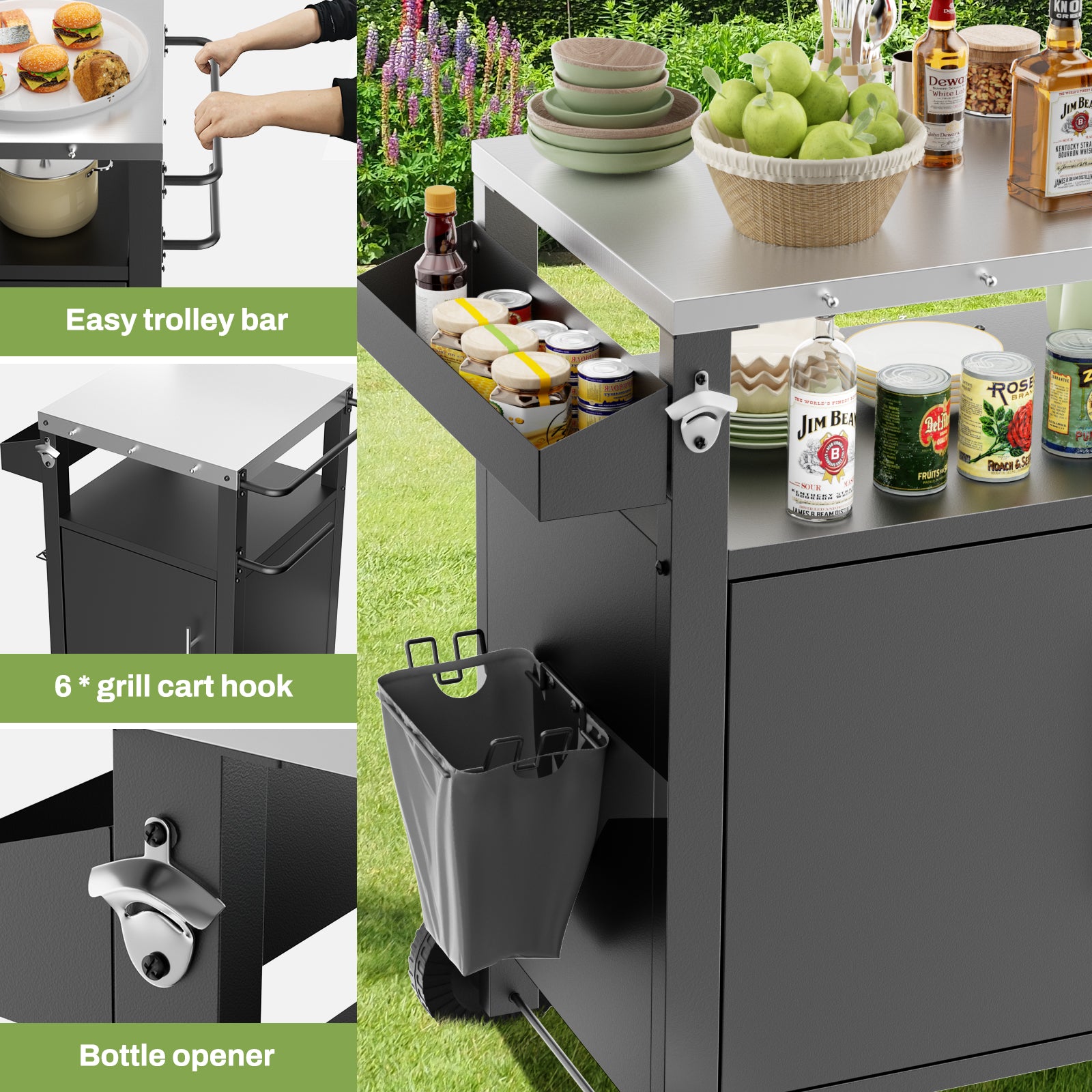 Outdoor Grill Cart with Patio Furniture, Outdoor Grill Table with Storage,Rolling Bar Cart Outdoor BBQ Cart with  Hooks and Spice Rack for Grilling Accessories, Black