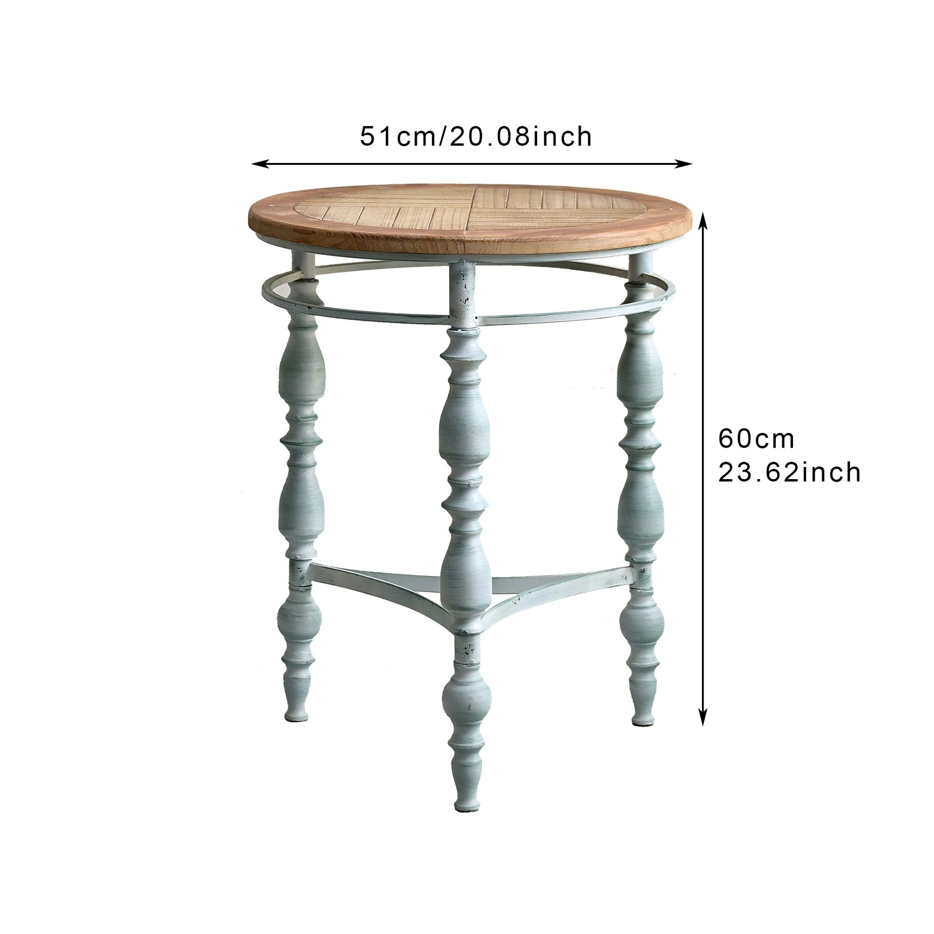 Easy Assembly 20.08" Accent Rustic Wooden Carved Coffee Table, Round Wooden Top Metal Leg Round End Table For Living Room