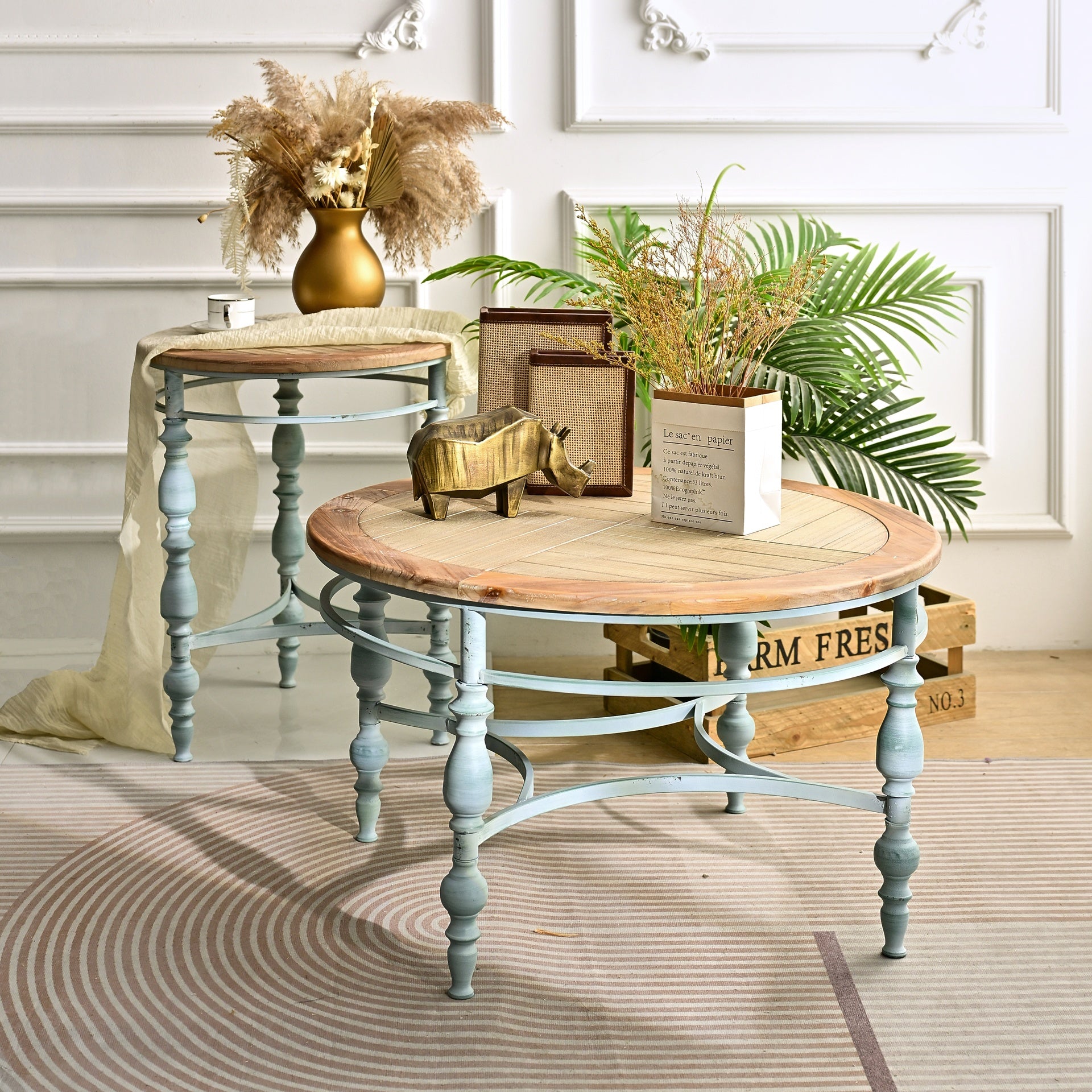 Easy Assembly 20.08" Accent Rustic Wooden Carved Coffee Table, Round Wooden Top Metal Leg Round End Table For Living Room