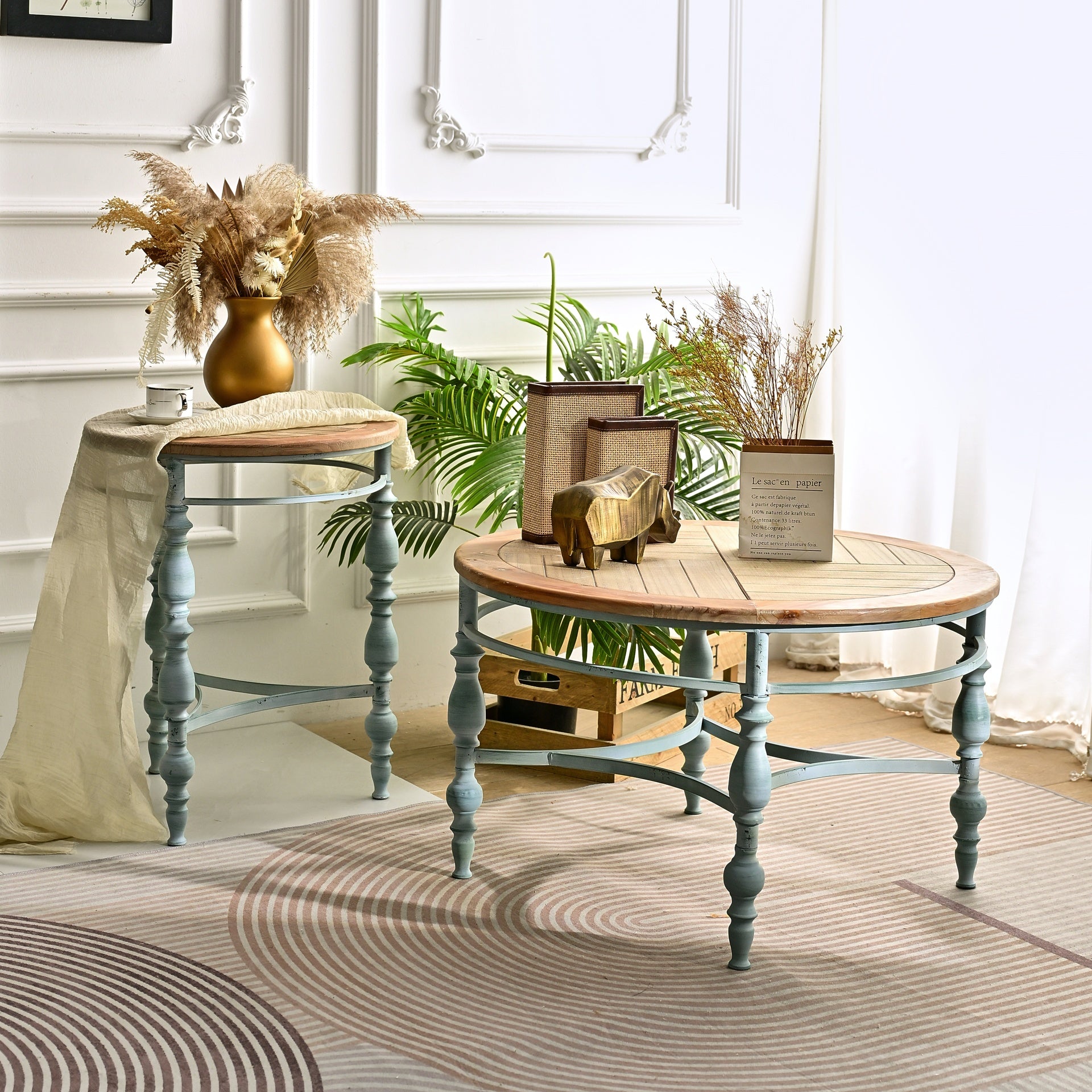 Easy Assembly 20.08" Accent Rustic Wooden Carved Coffee Table, Round Wooden Top Metal Leg Round End Table For Living Room