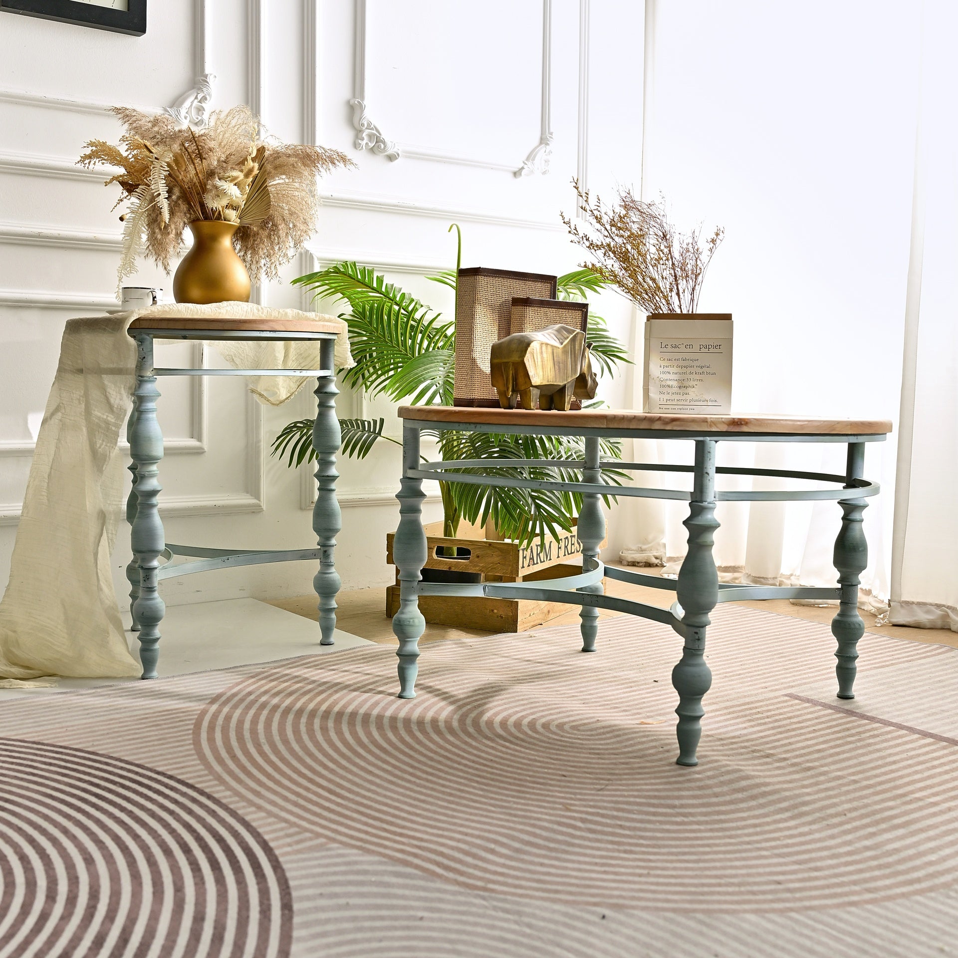 Easy Assembly 20.08" Accent Rustic Wooden Carved Coffee Table, Round Wooden Top Metal Leg Round End Table For Living Room