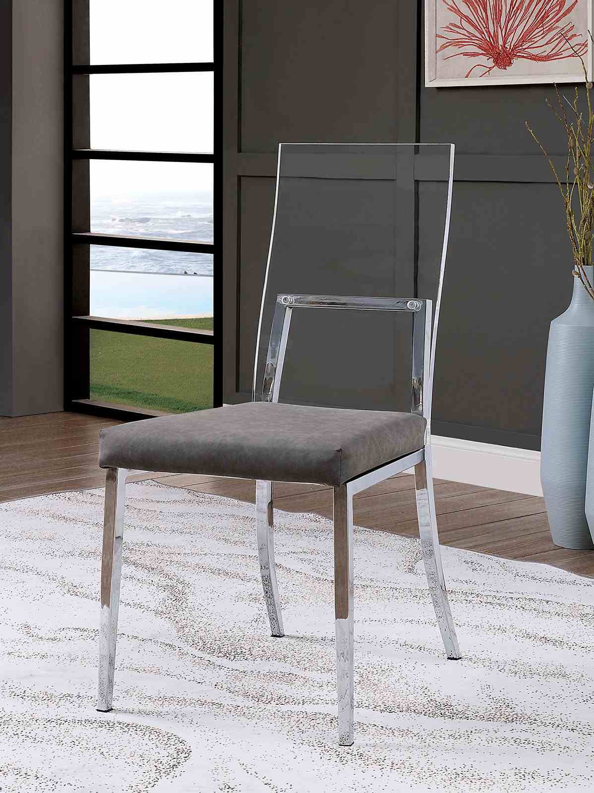 Contemporary Style 2pc Side Chair Minimalist Design Metal Legs Acrylic Back Chrome Finish Dining Room