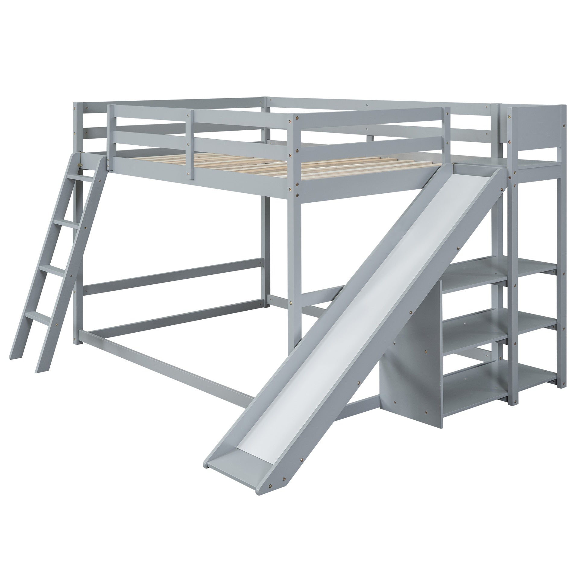 Full over Full Bunk Bed with Ladder, Slide and Shelves, Gray