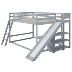 Full over Full Bunk Bed with Ladder, Slide and Shelves, Gray