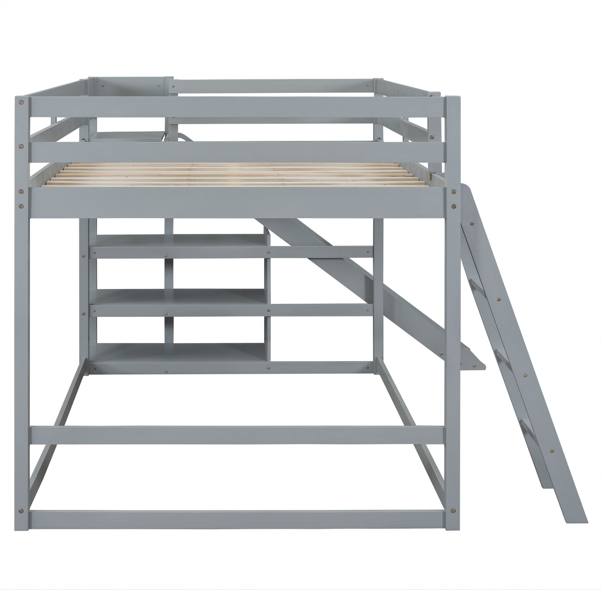 Full over Full Bunk Bed with Ladder, Slide and Shelves, Gray