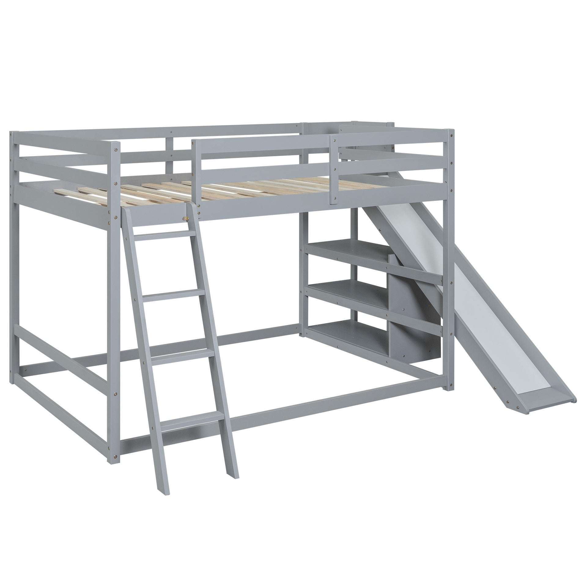 Full over Full Bunk Bed with Ladder, Slide and Shelves, Gray