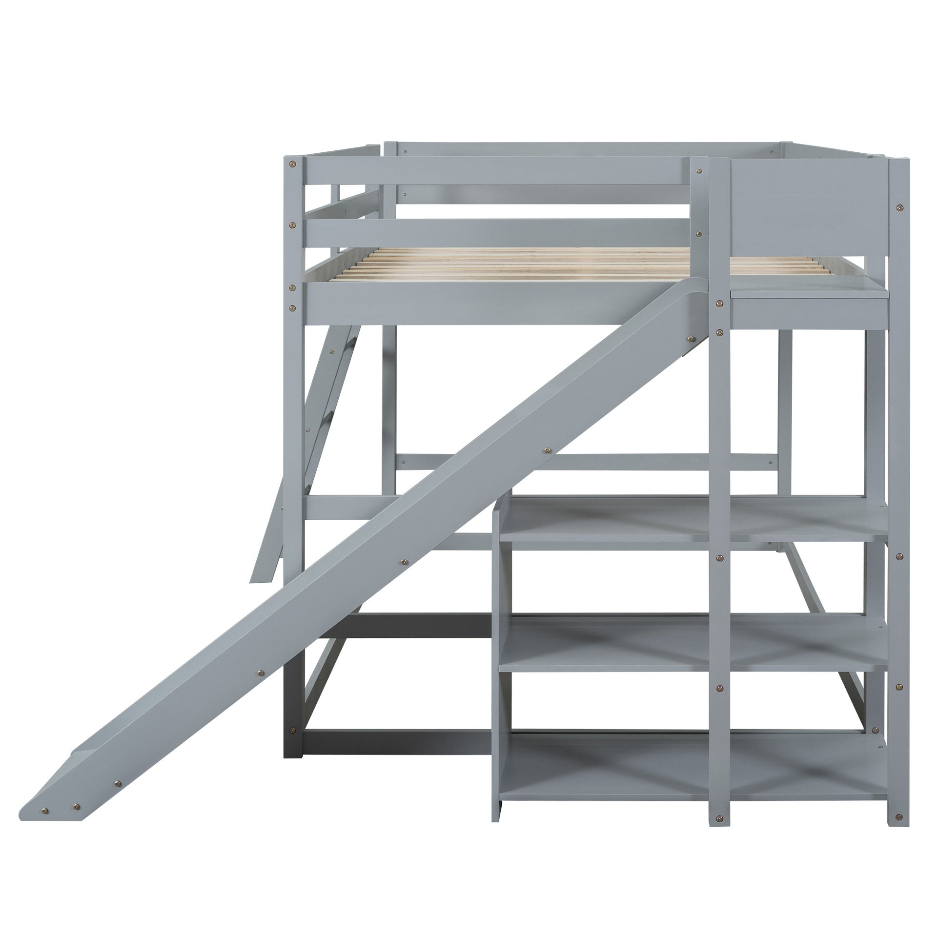Full over Full Bunk Bed with Ladder, Slide and Shelves, Gray