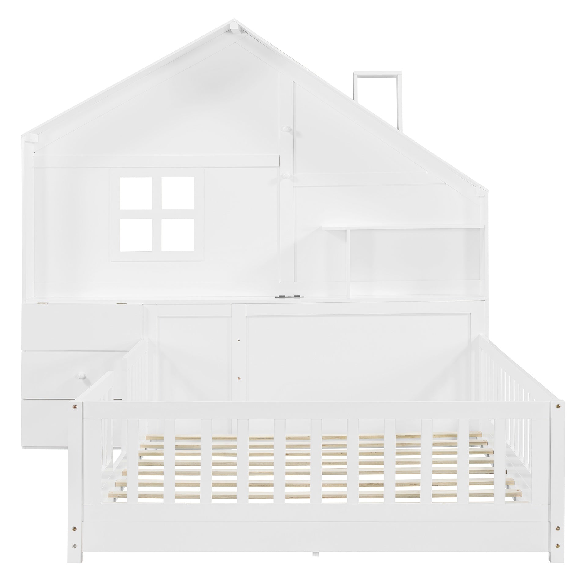 Full Size House Bed with Window and Bedside Drawers, Platform Bed with Shelves and a set of Sockets and USB Port, White(OLD SKU:LT000423AAK-1)